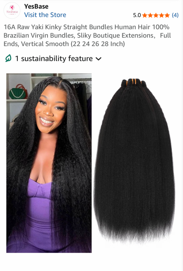 16A Raw Yaki Kinky Straight Bundles Human Hair 100% Brazilian Virgin Bundles, Sliky Boutique Extensions, Vertical Smooth Full Ends,  (22 24 26 28 Inch)